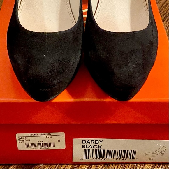 Wythe NY Darby 5” Platform Heels Almond Toe Black Suede Sz 38 EU/8 US *EUC* - Picture 5 of 9